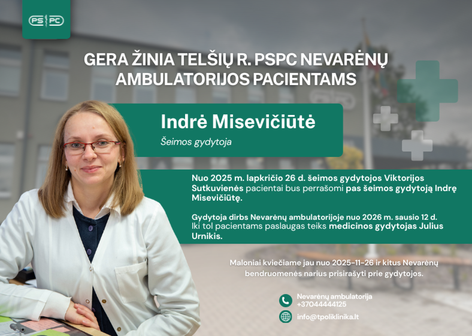 Gera žinia Telšių r. PSPC  Nevarėnų ambulatorijos pacientams!